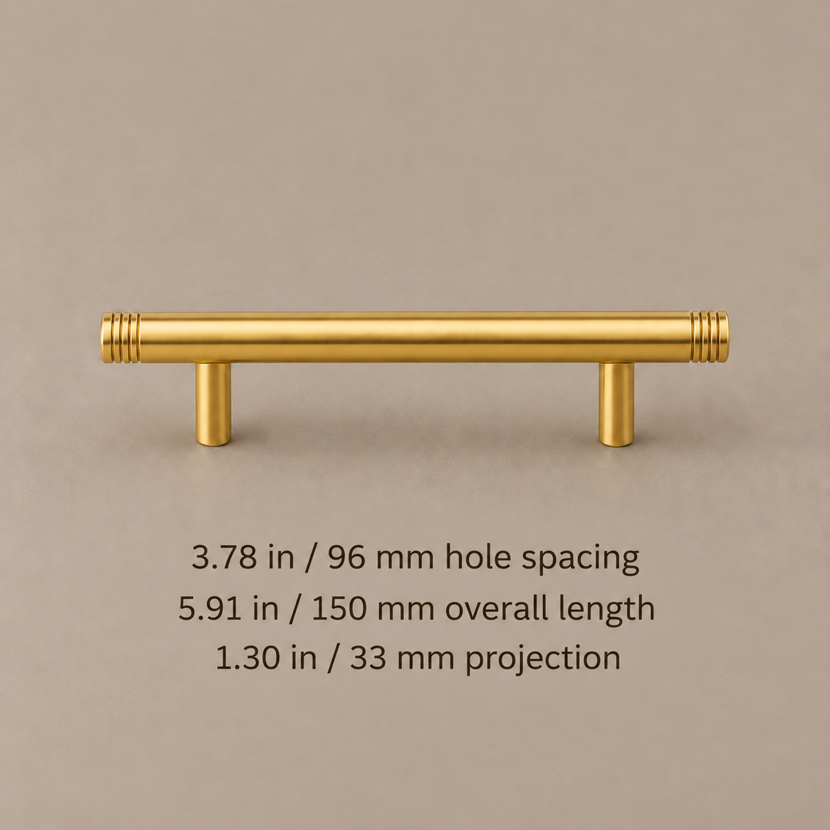 Brass straight rod cabinet pull: 3.78 in (96 mm) hole spacing, 5.91 in (150 mm) overall length and 1.30 in (33 mm) projection.
