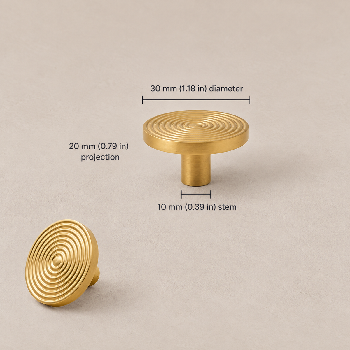 Brass swirl cabinet knob, 30 mm (1.18 in) diameter and 20 mm projection