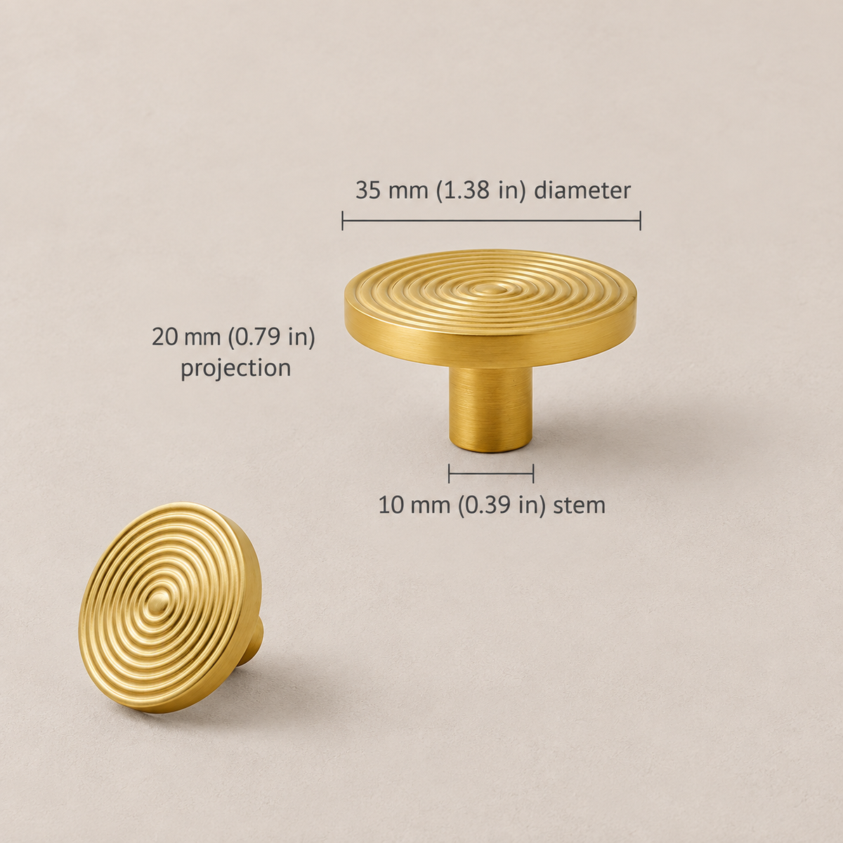 Brass swirl cabinet knob, 35 mm (1.38 in) diameter and 20 mm projection