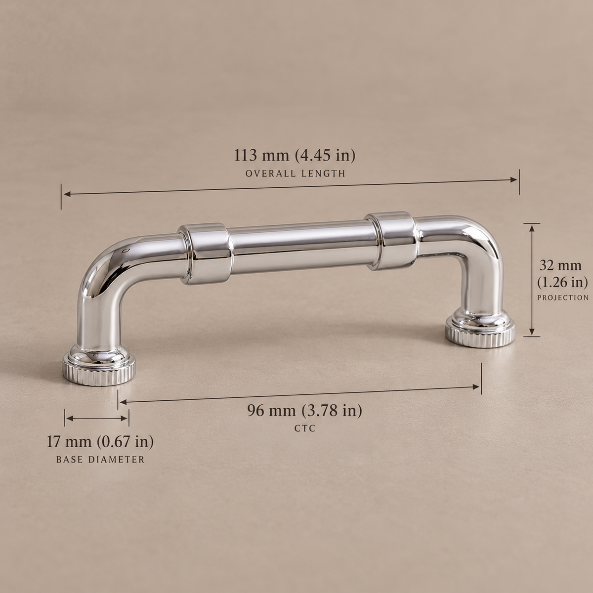 Chrome cabinet pull 96 mm CTC with millimeter and inch dimensions