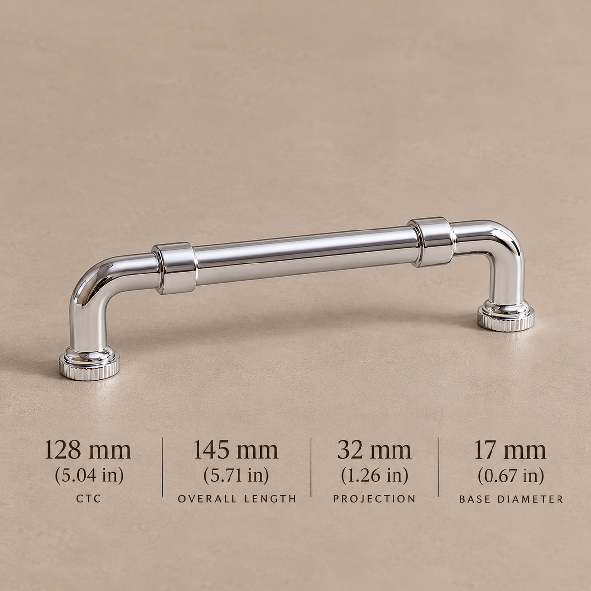 Chrome cabinet pull 128 mm CTC with millimeter and inch dimensions