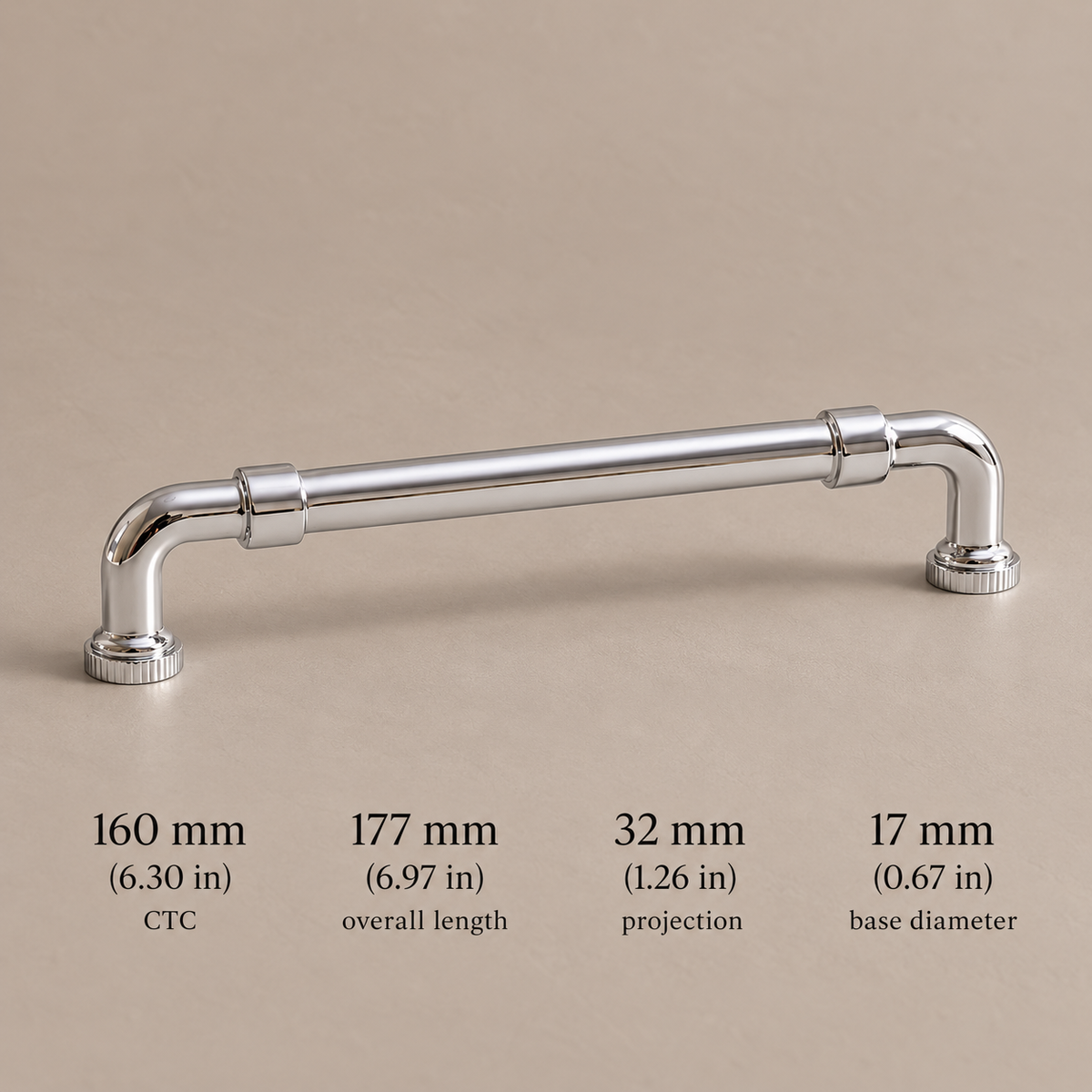 Chrome cabinet pull 160 mm CTC with millimeter and inch dimensions