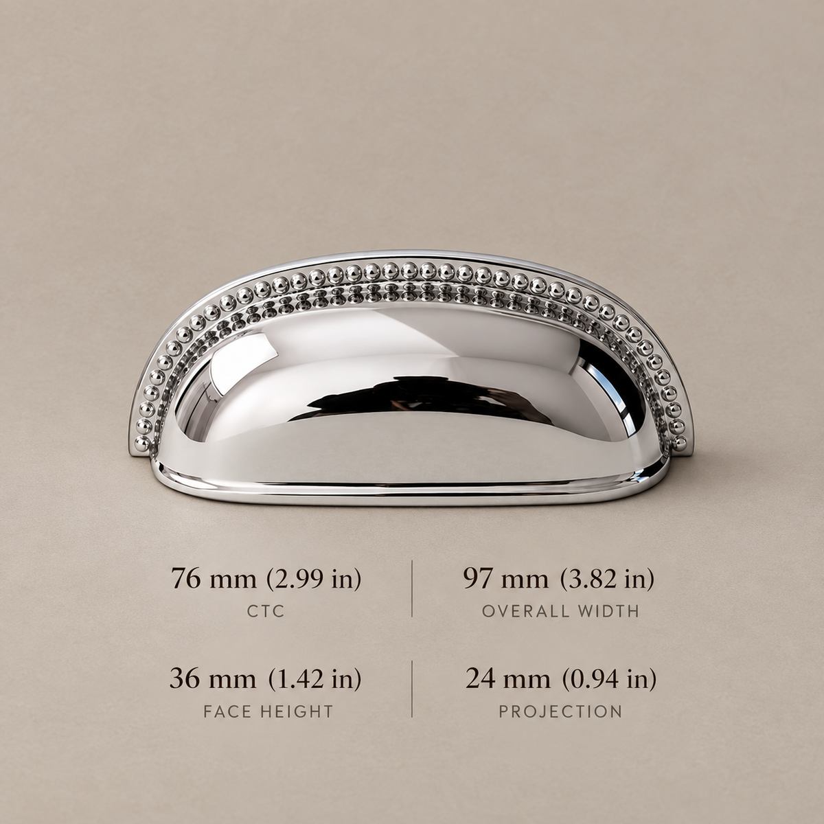 Chrome cabinet cup pull, 76 mm CTC with dimensions in millimeters and inches