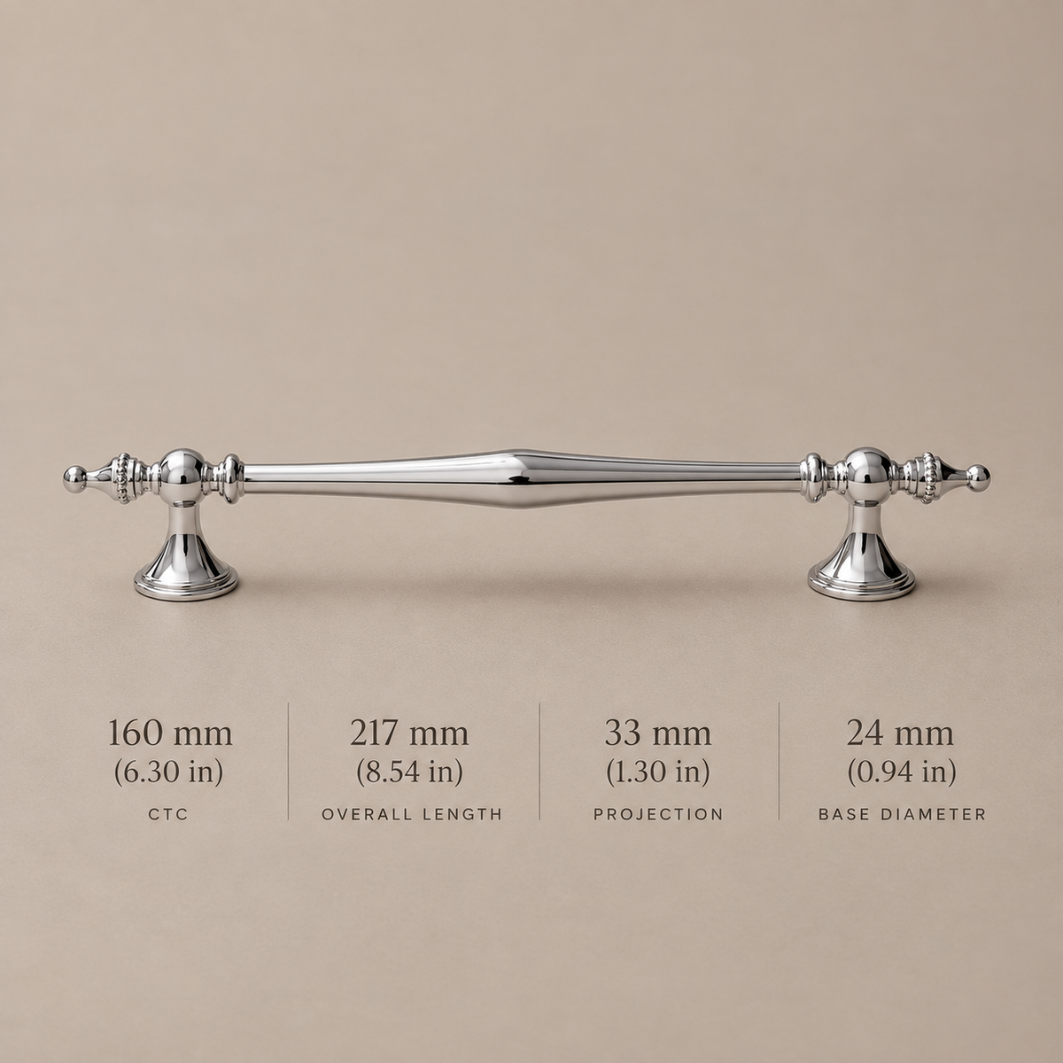 Chrome cabinet spindle pull, 160 mm CTC with dimensions in millimeters and inches