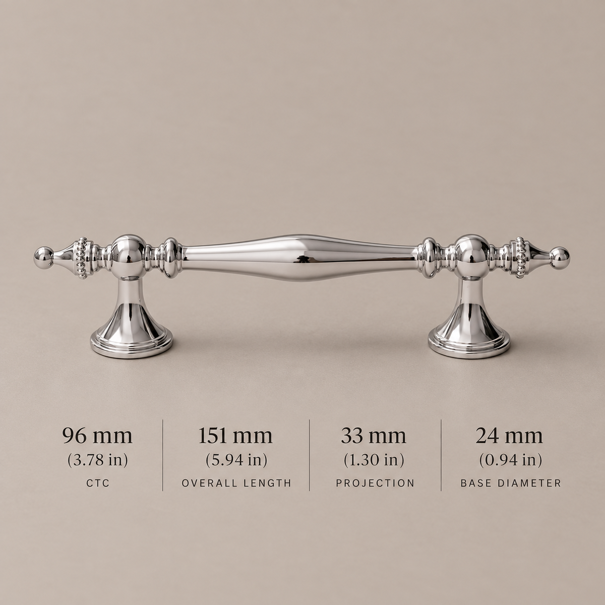 Chrome cabinet spindle pull, 96 mm CTC with dimensions in millimeters and inches