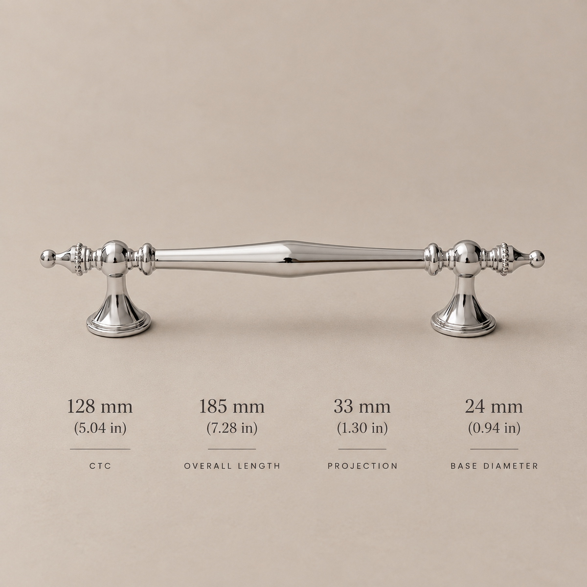 Chrome cabinet spindle pull, 128 mm CTC with dimensions in millimeters and inches