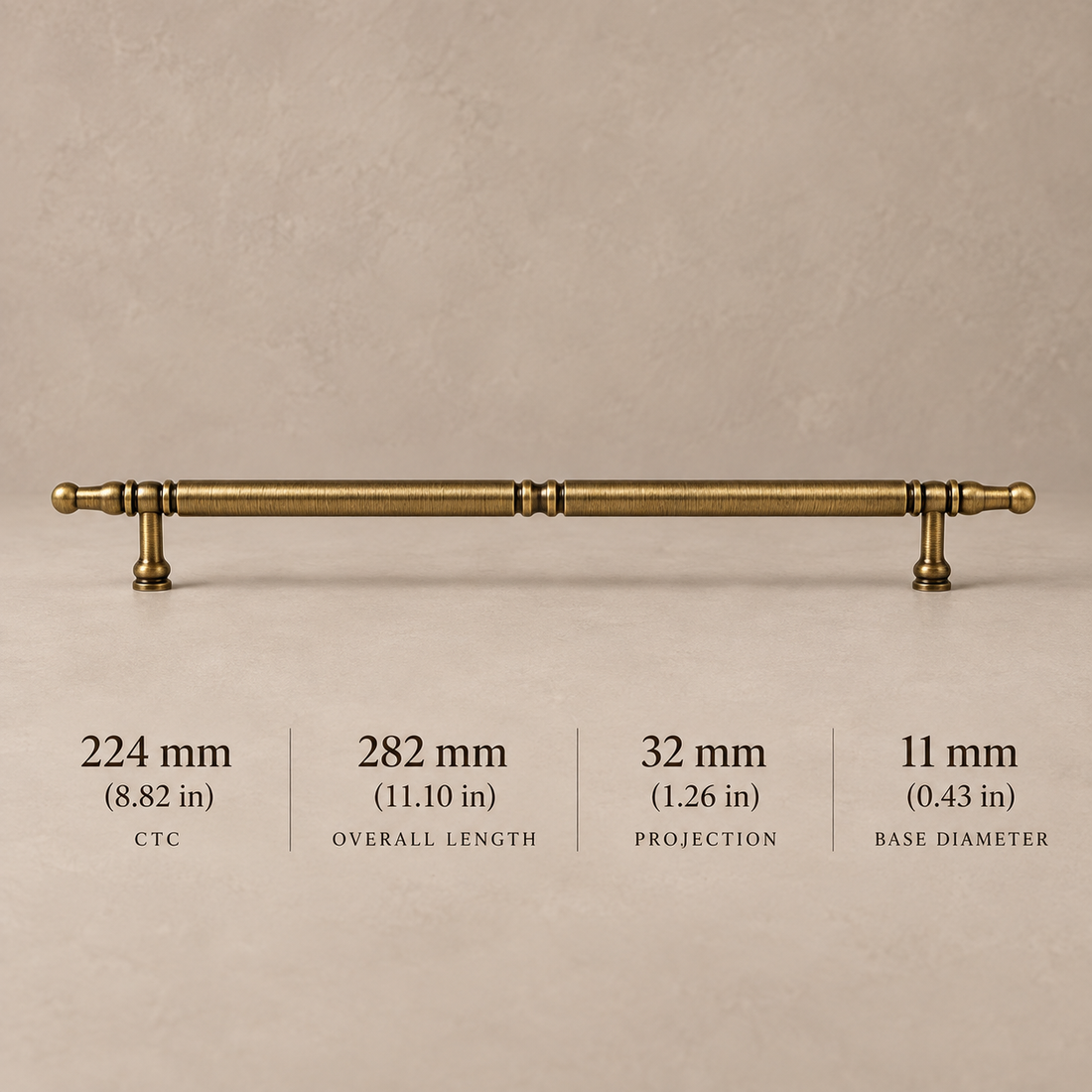 Antique Brass Cabinet Pulls & Knobs — Retro Modern Design on a neutral stone studio background