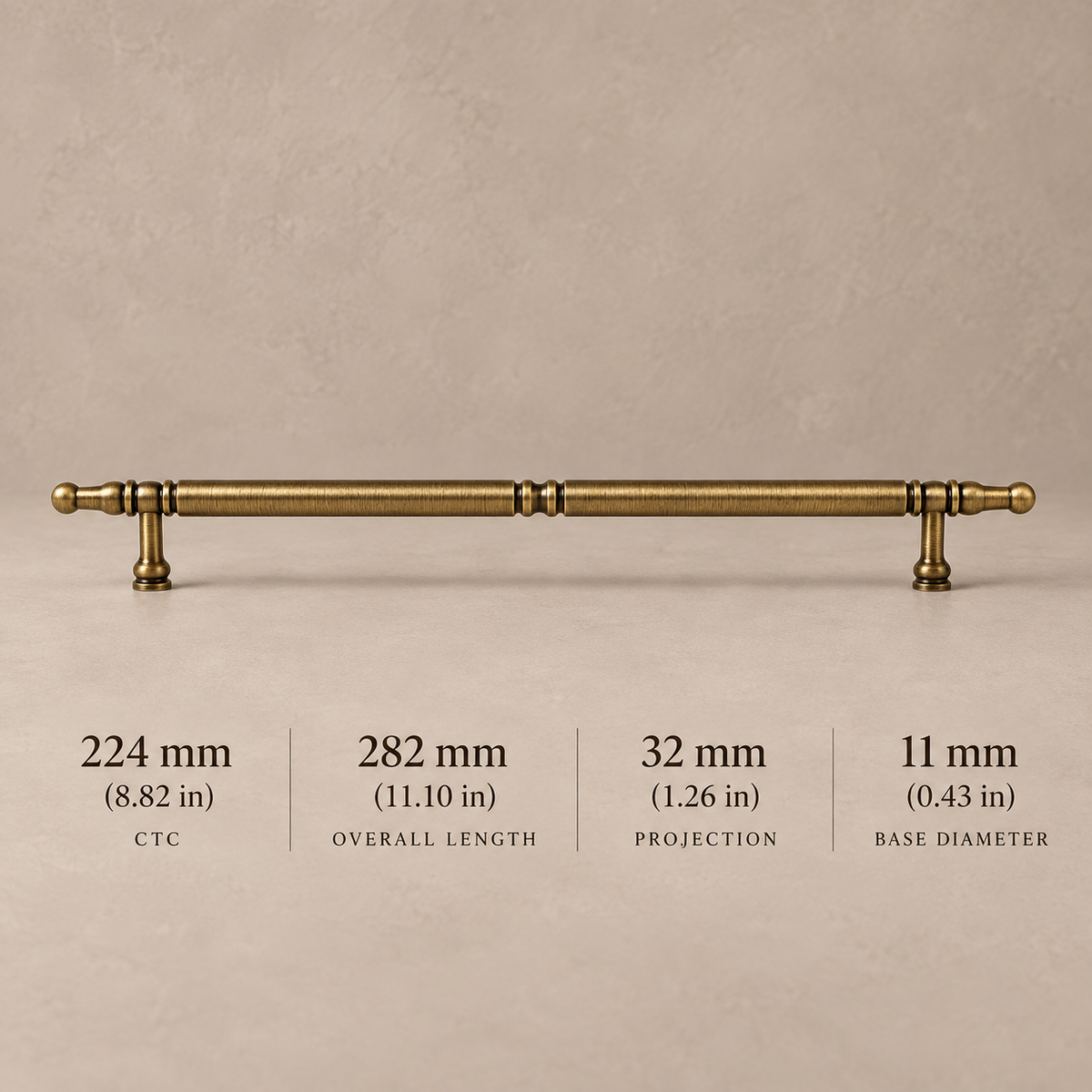 Antique brass cabinet pull 224 mm CTC with millimeter and inch dimensions