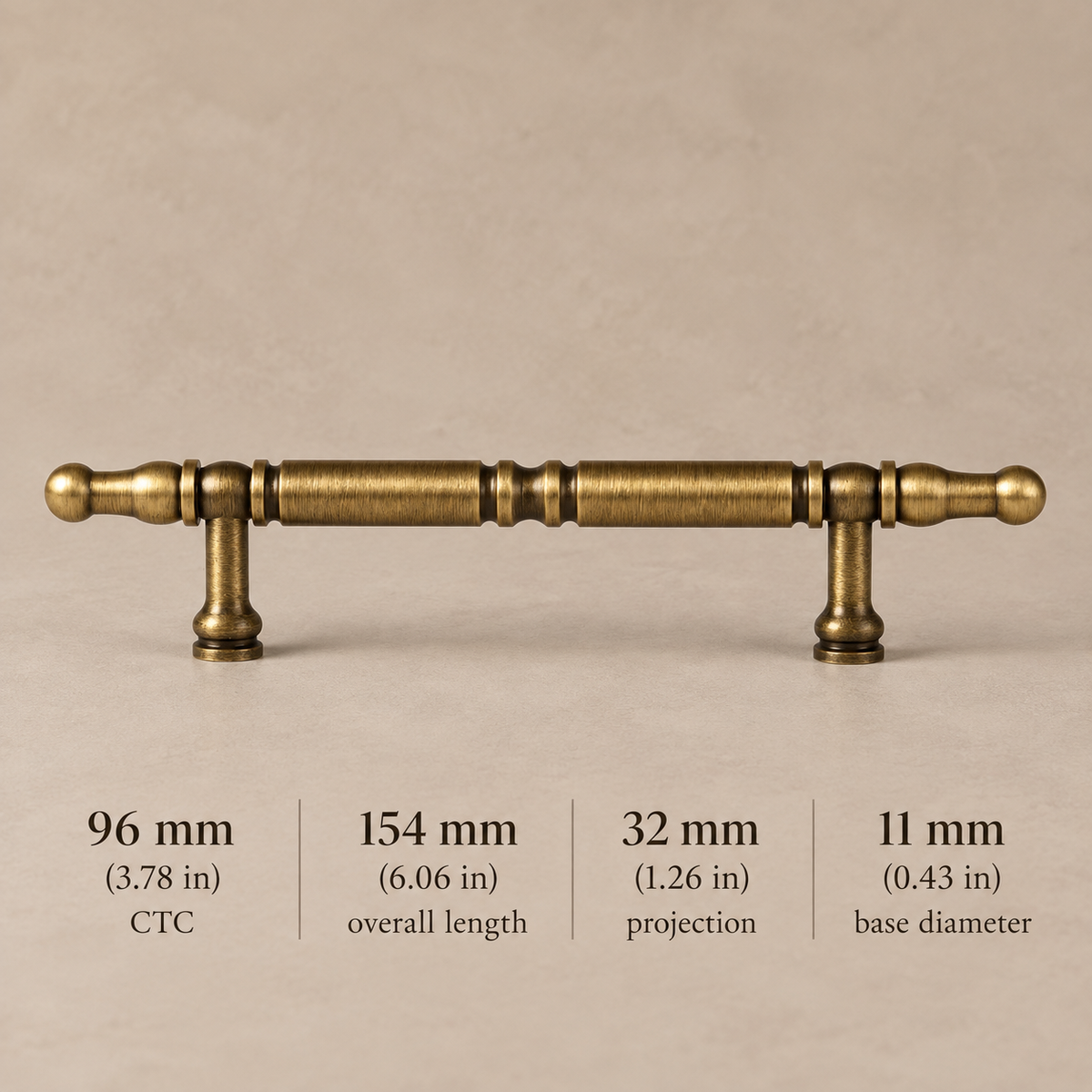 Antique brass cabinet pull 96 mm CTC with millimeter and inch dimensions