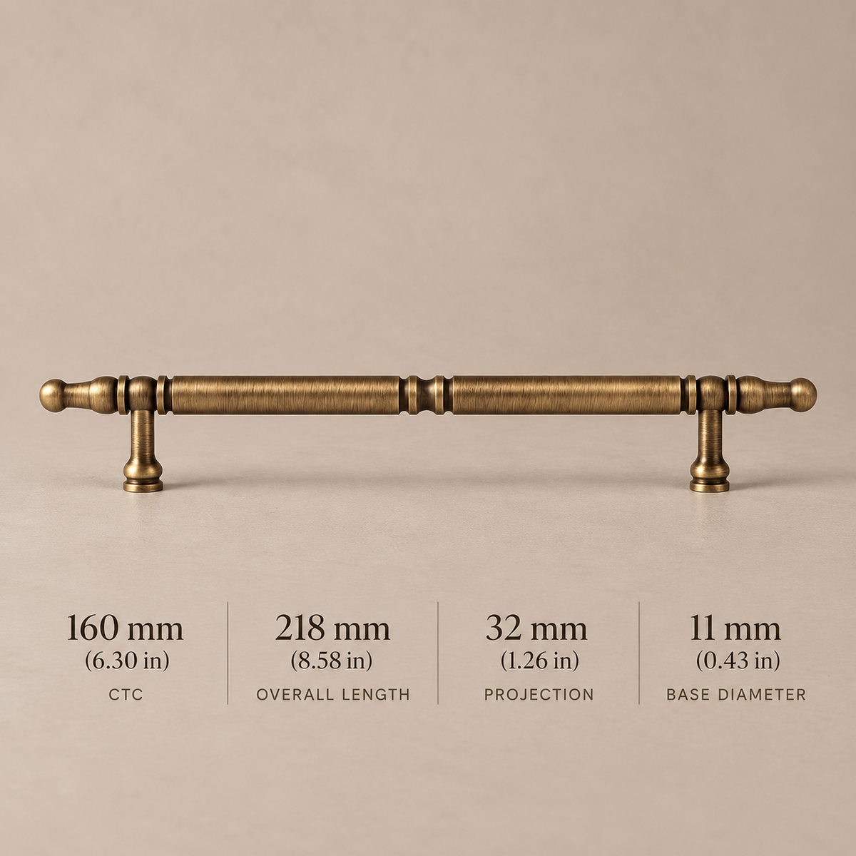 Antique brass cabinet pull 160 mm CTC with millimeter and inch dimensions