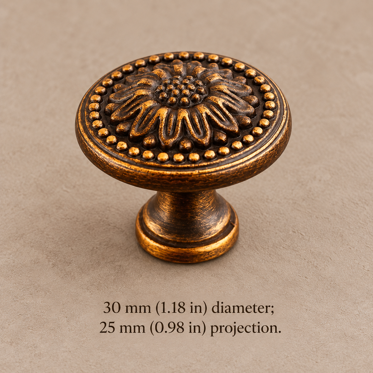 Antique brass floral 30 mm cabinet knob with measurements in millimeters and inches