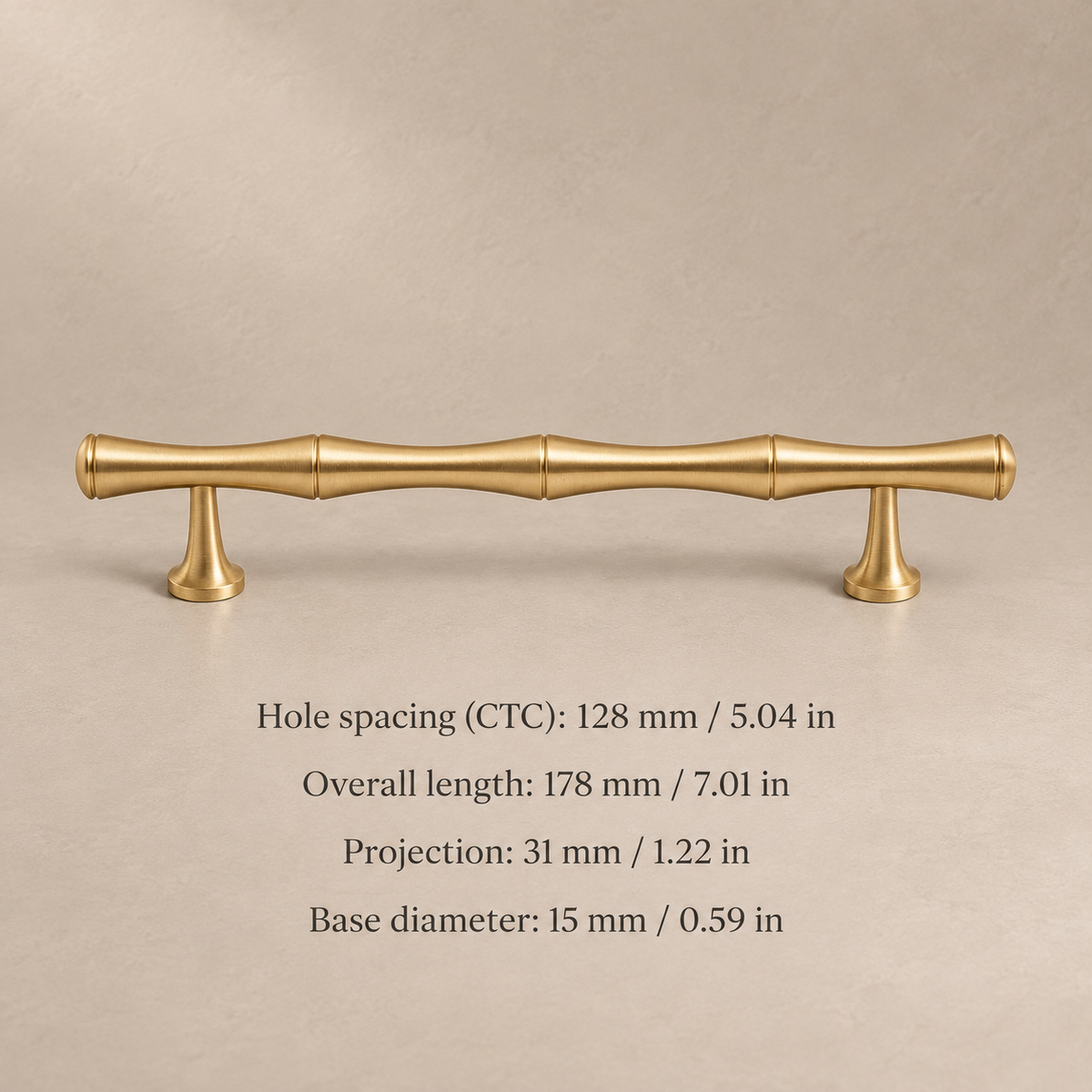 Brushed Brass Bamboo Cabinet Pull & T Knob - Modern Design — pull-128mm-measurements