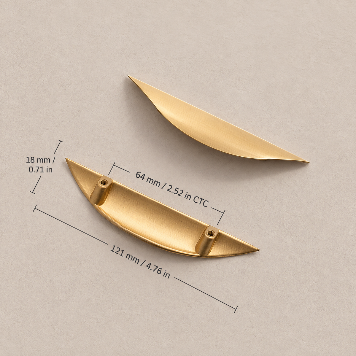 64 mm CTC crescent pull measurements in millimeters and inches