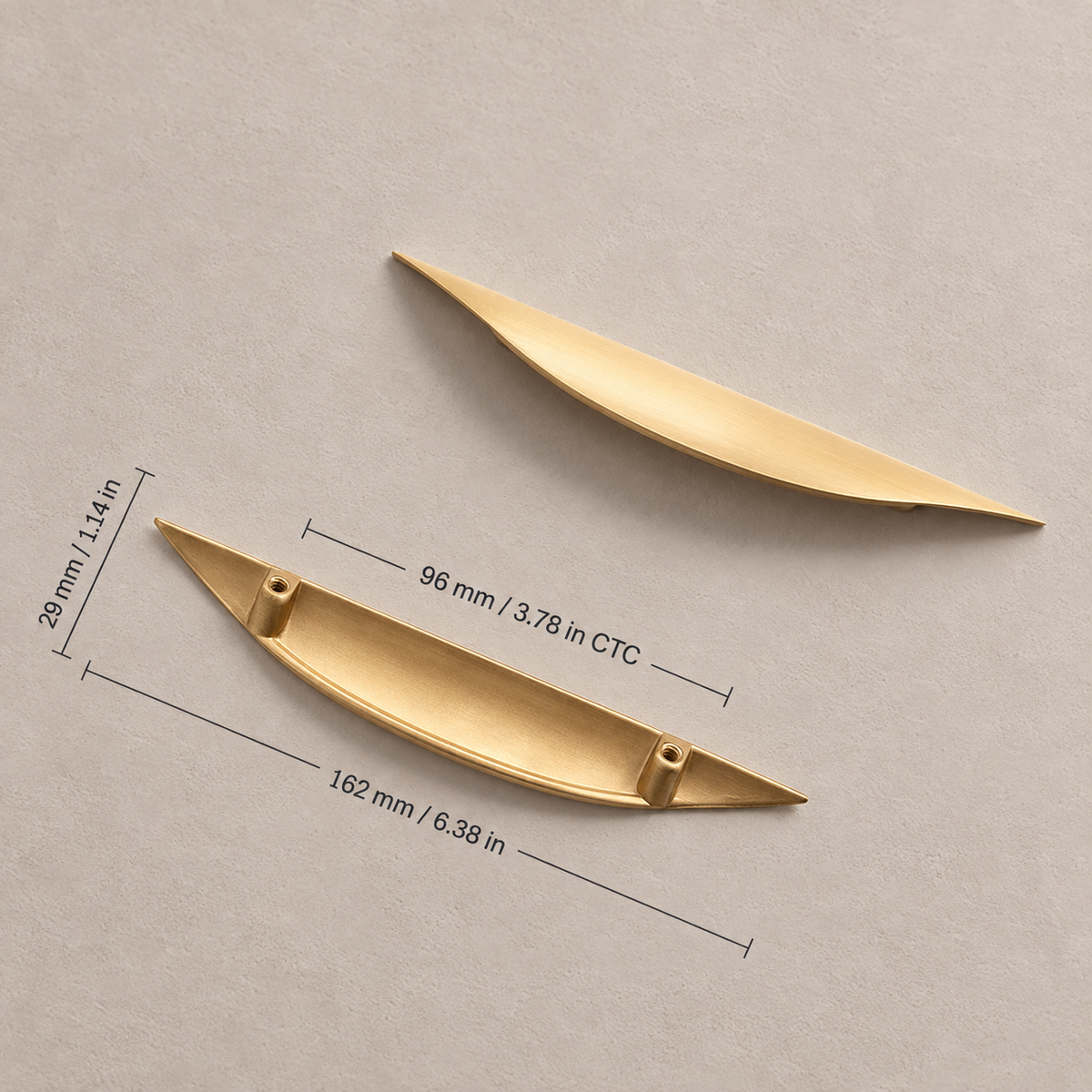 96 mm CTC crescent pull measurements in millimeters and inches