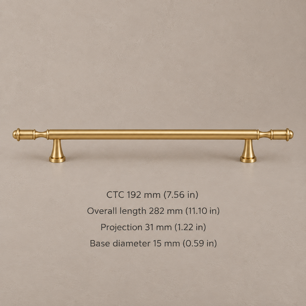 Brushed brass turned-finial cabinet pull with mounting-hole spacing and dimensions in millimeters and inches