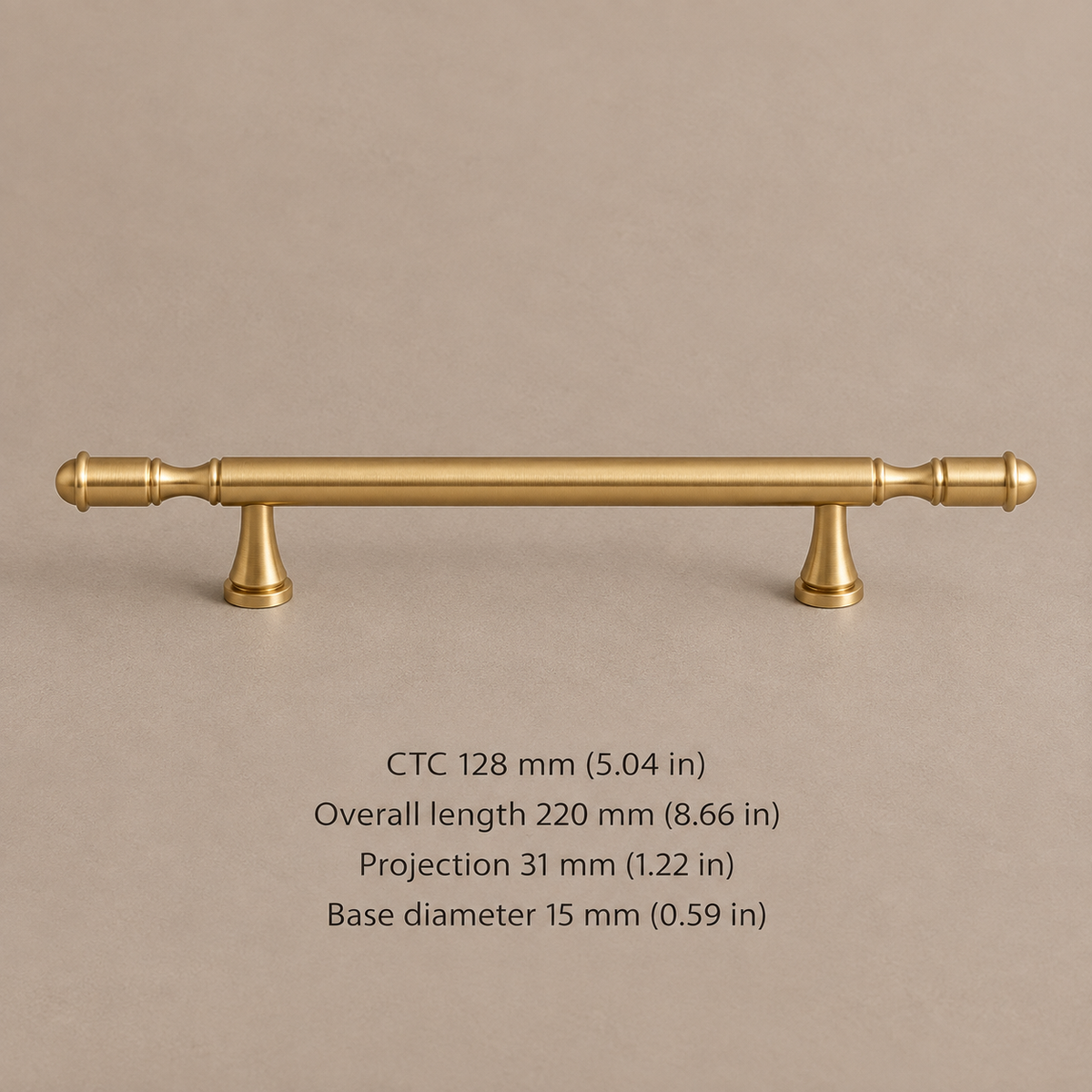 Brushed brass turned-finial cabinet pull with mounting-hole spacing and dimensions in millimeters and inches