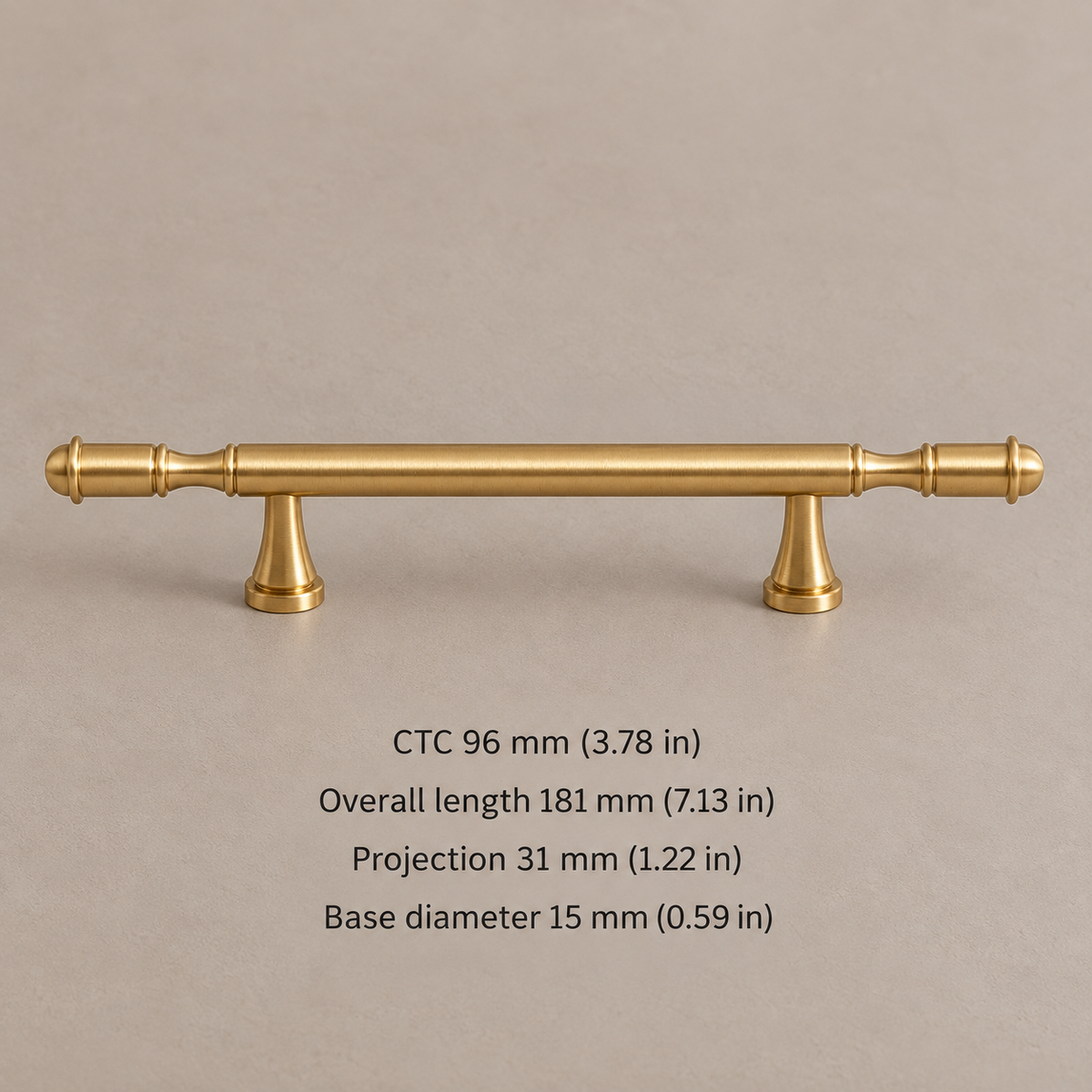 Brushed brass turned-finial cabinet pull with mounting-hole spacing and dimensions in millimeters and inches