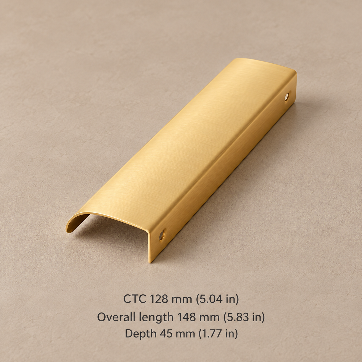 Brushed brass edge cabinet pull, 128 mm hole spacing, with metric and inch measurements