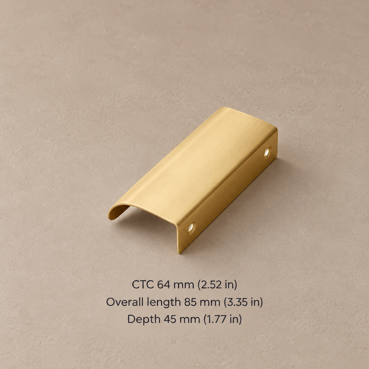 Brushed brass edge cabinet pull, 64 mm hole spacing, with metric and inch measurements