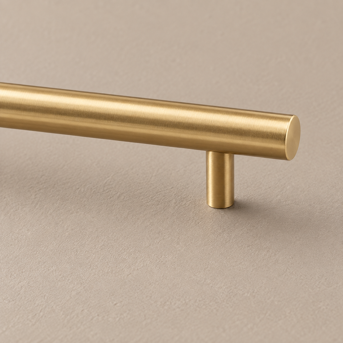 Extra-Long Brushed Brass Cabinet Pull — Modern Linear Handle on a deep olive studio background