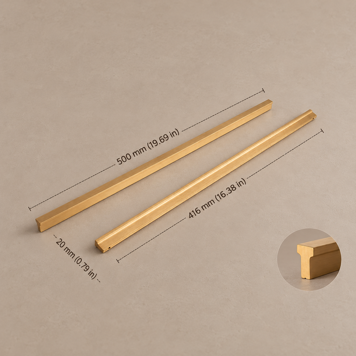 Extra-Long Brushed Brass Cabinet Pull — Modular Modern Handle — exact option photograph with millimeter and inch measurements on taupe
