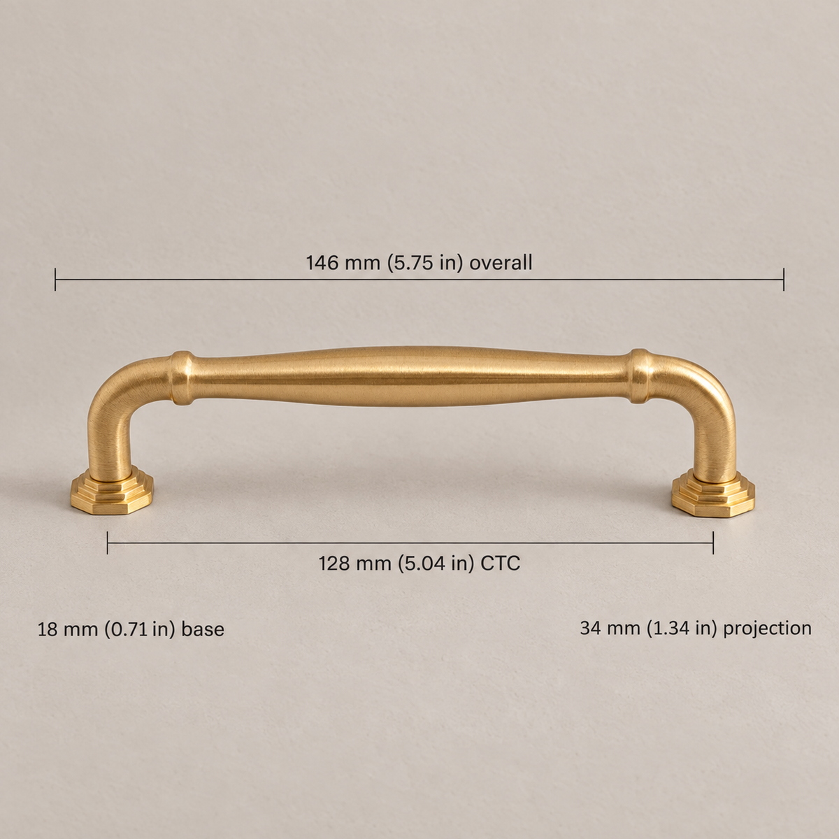Brushed brass bowed cabinet pull, 128 mm (5.04 in) CTC and 146 mm overall
