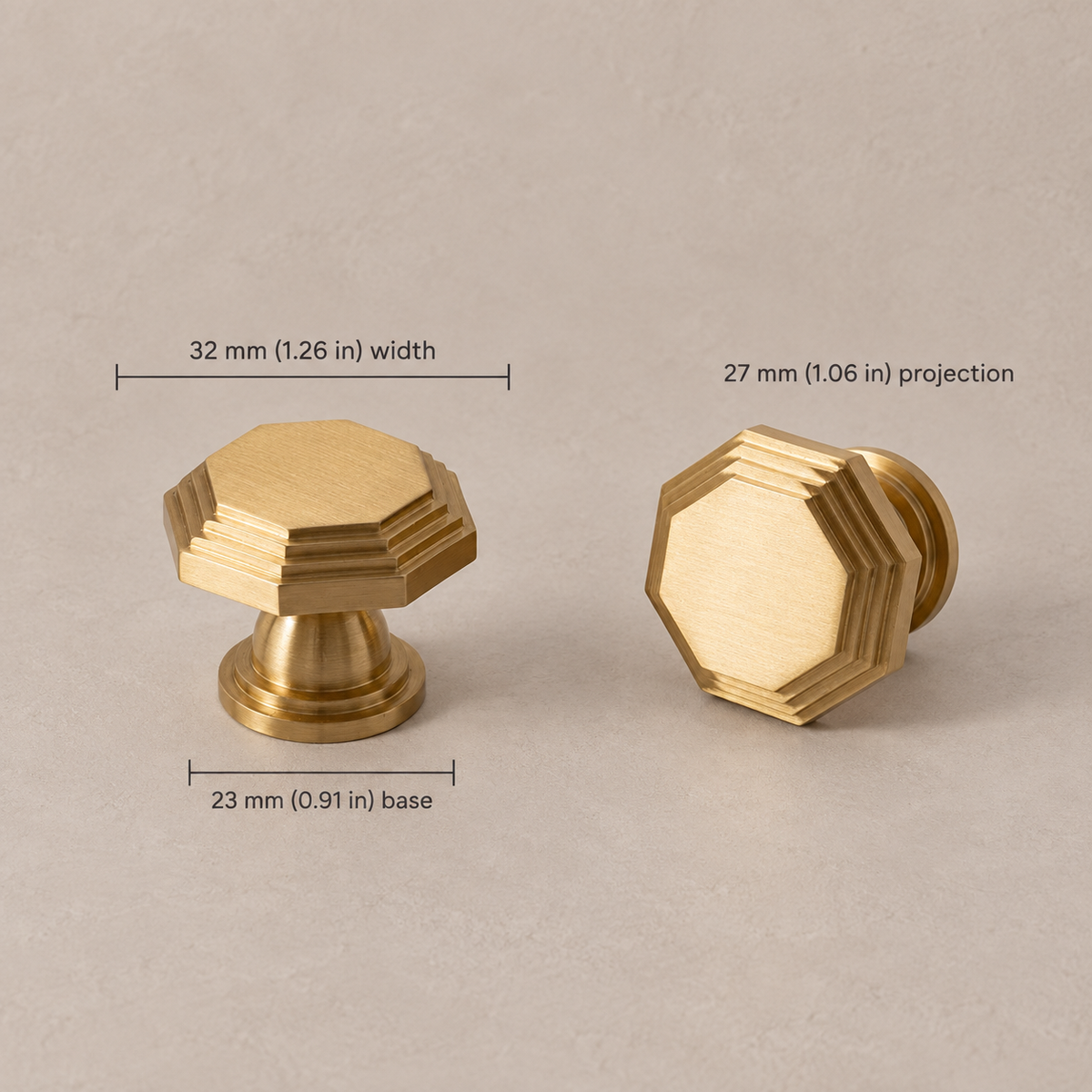 Brushed brass octagonal knob, 32 mm width, 27 mm projection, measurements in mm and inches