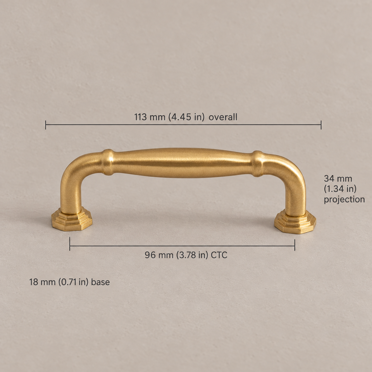 Brushed brass bowed cabinet pull, 96 mm (3.78 in) CTC and 113 mm overall