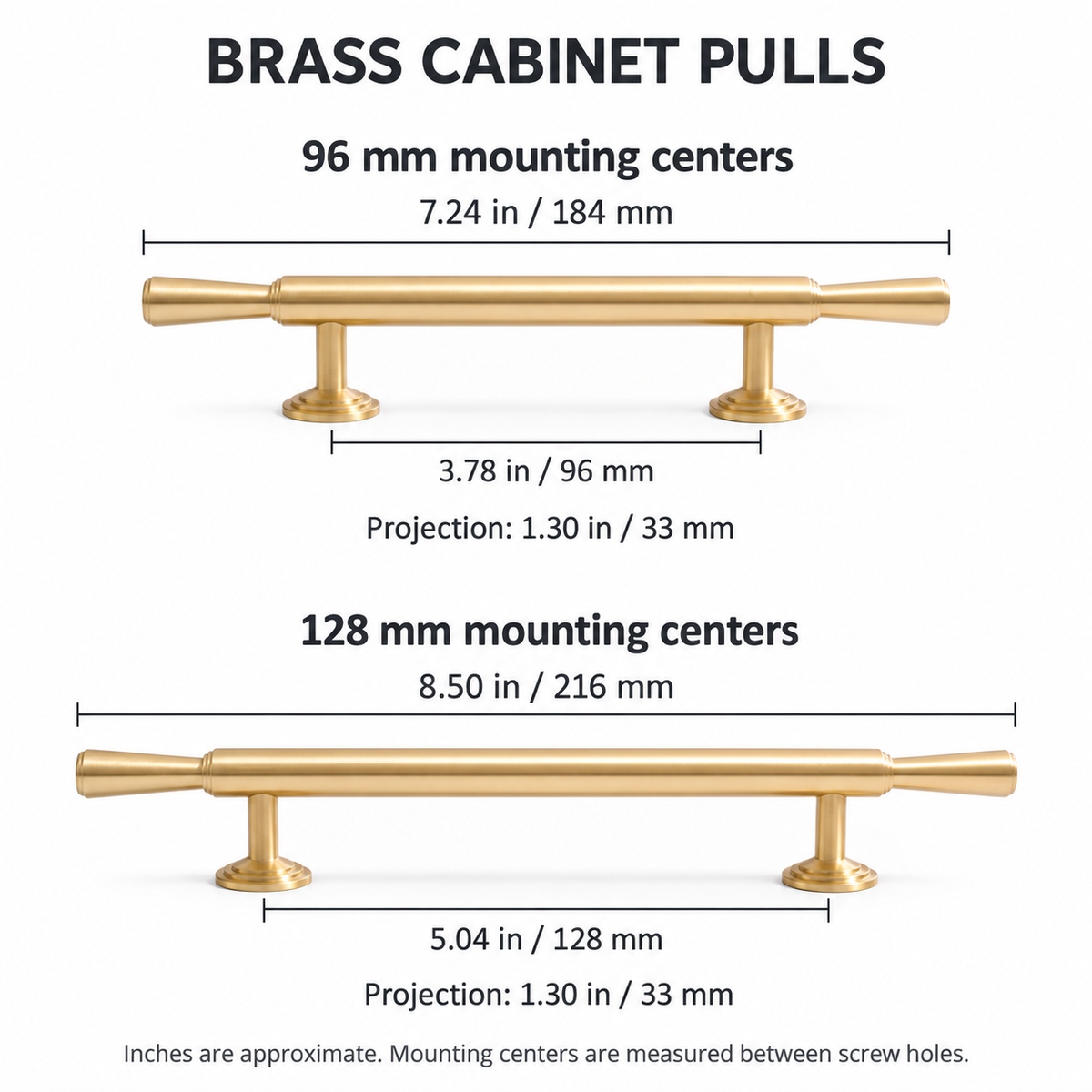 Brushed brass cabinet pulls: 3.78 inch / 96 mm and 5.04 inch / 128 mm mounting centers, with verified overall lengths and projection.