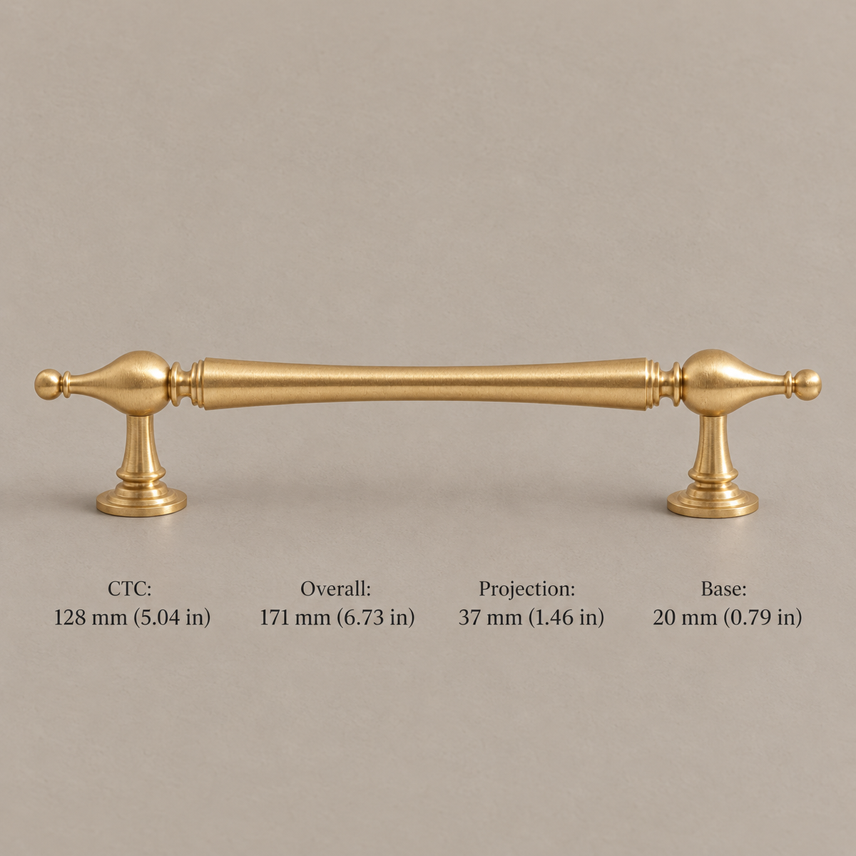 Brushed brass cabinet pull with 128 mm hole spacing and measurements in millimeters and inches