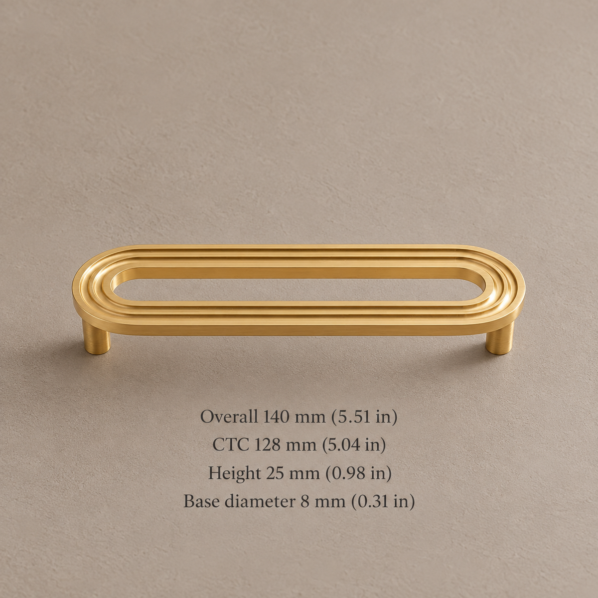 Brushed brass runway pull with 128 mm CTC and dimensions