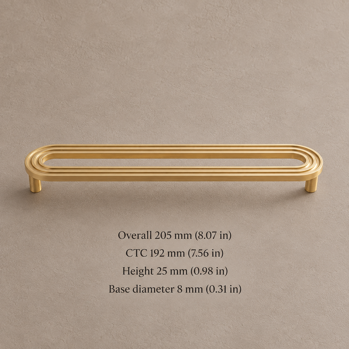 Brushed brass runway pull with 192 mm CTC and dimensions