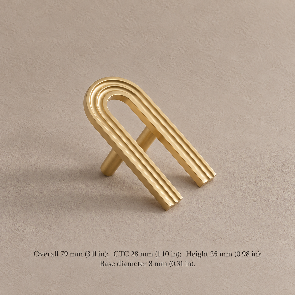 Brushed brass open U pull with 28 mm CTC and dimensions