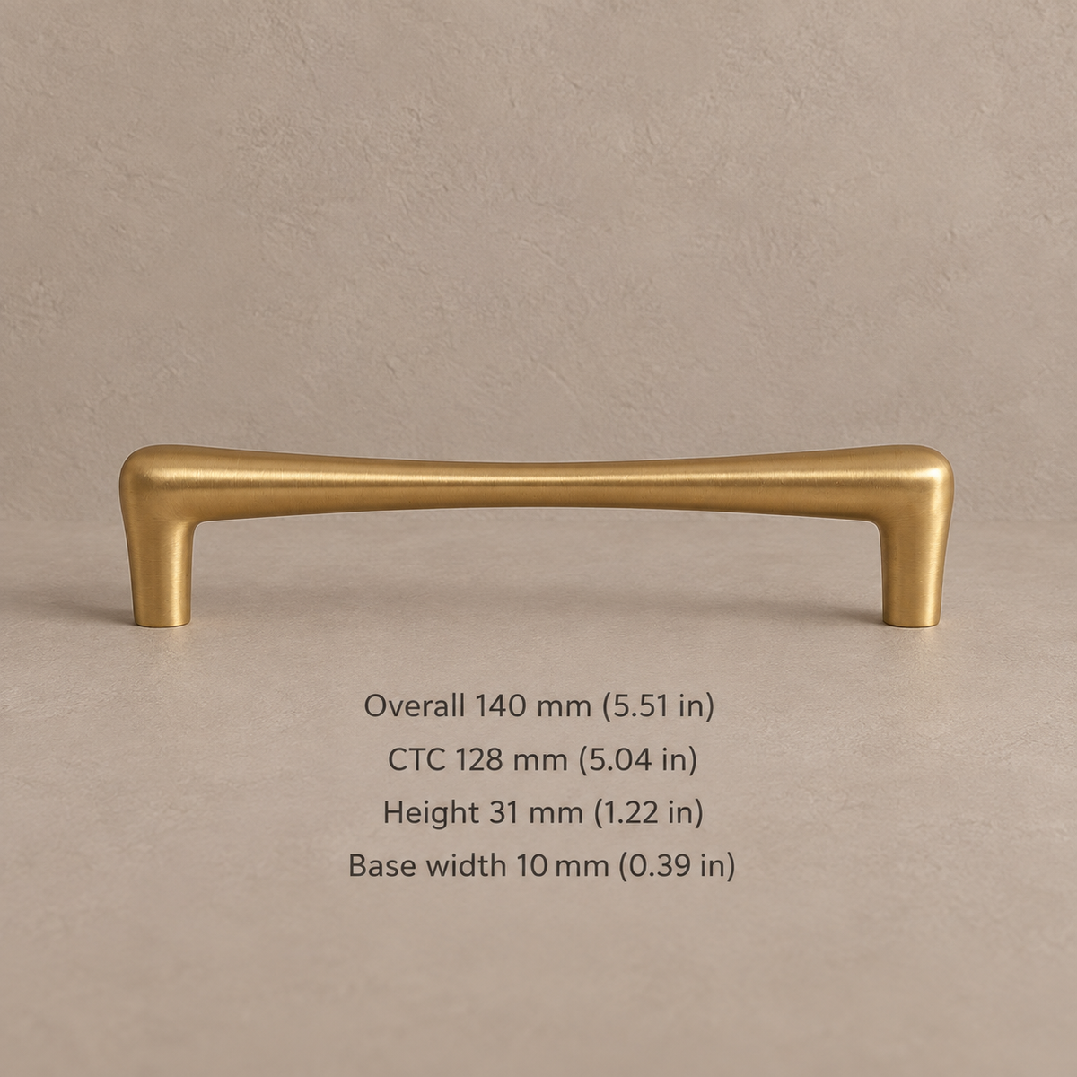 Brushed brass cabinet pull with 128 mm mounting hole spacing and measurements