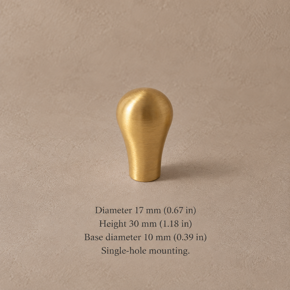 Brushed brass 17 mm teardrop cabinet knob with measurements