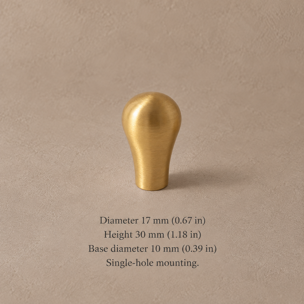 Brushed brass 17 mm teardrop cabinet knob with measurements