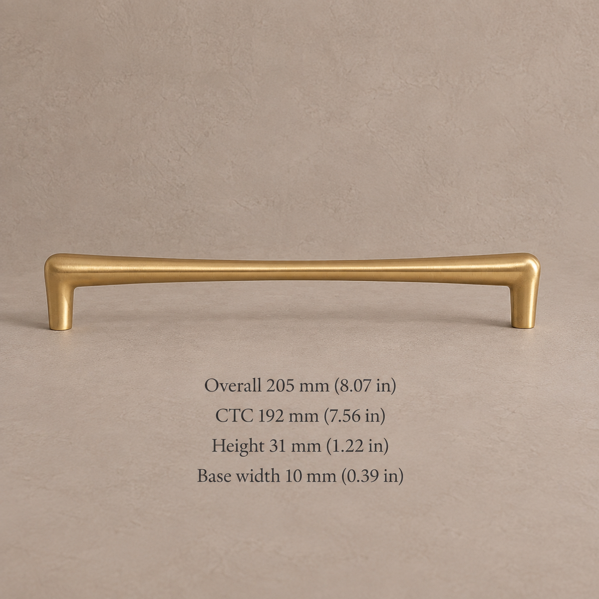 Brushed brass cabinet pull with 192 mm mounting hole spacing and measurements