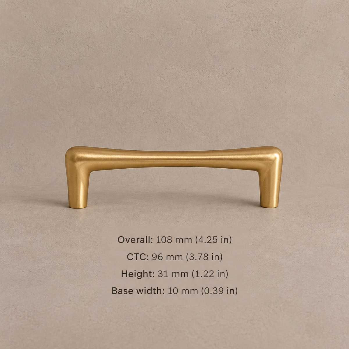 Brushed brass cabinet pull with 96 mm mounting hole spacing and measurements