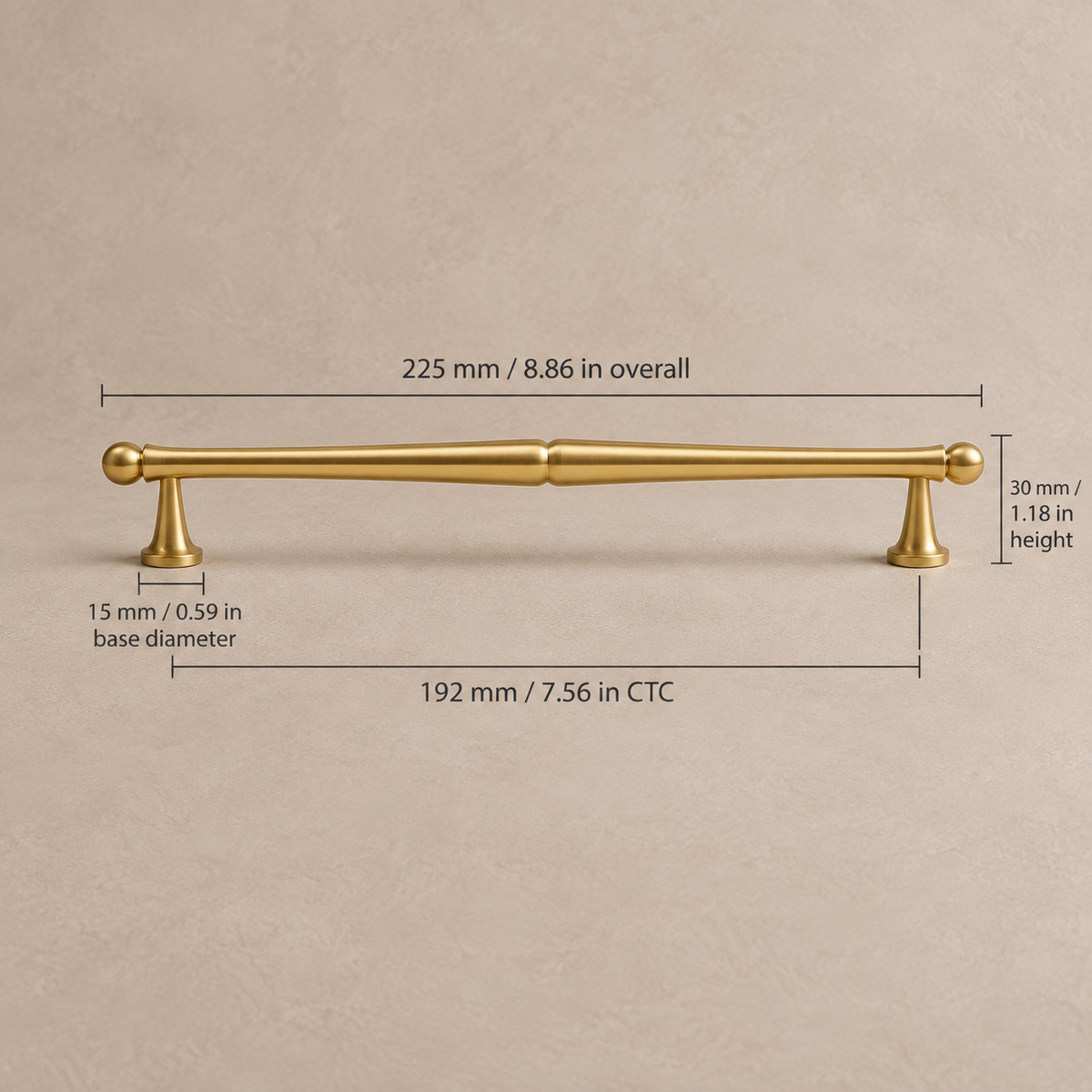 Brushed brass cabinet pull, 192 mm (7.56 in) CTC dimensions