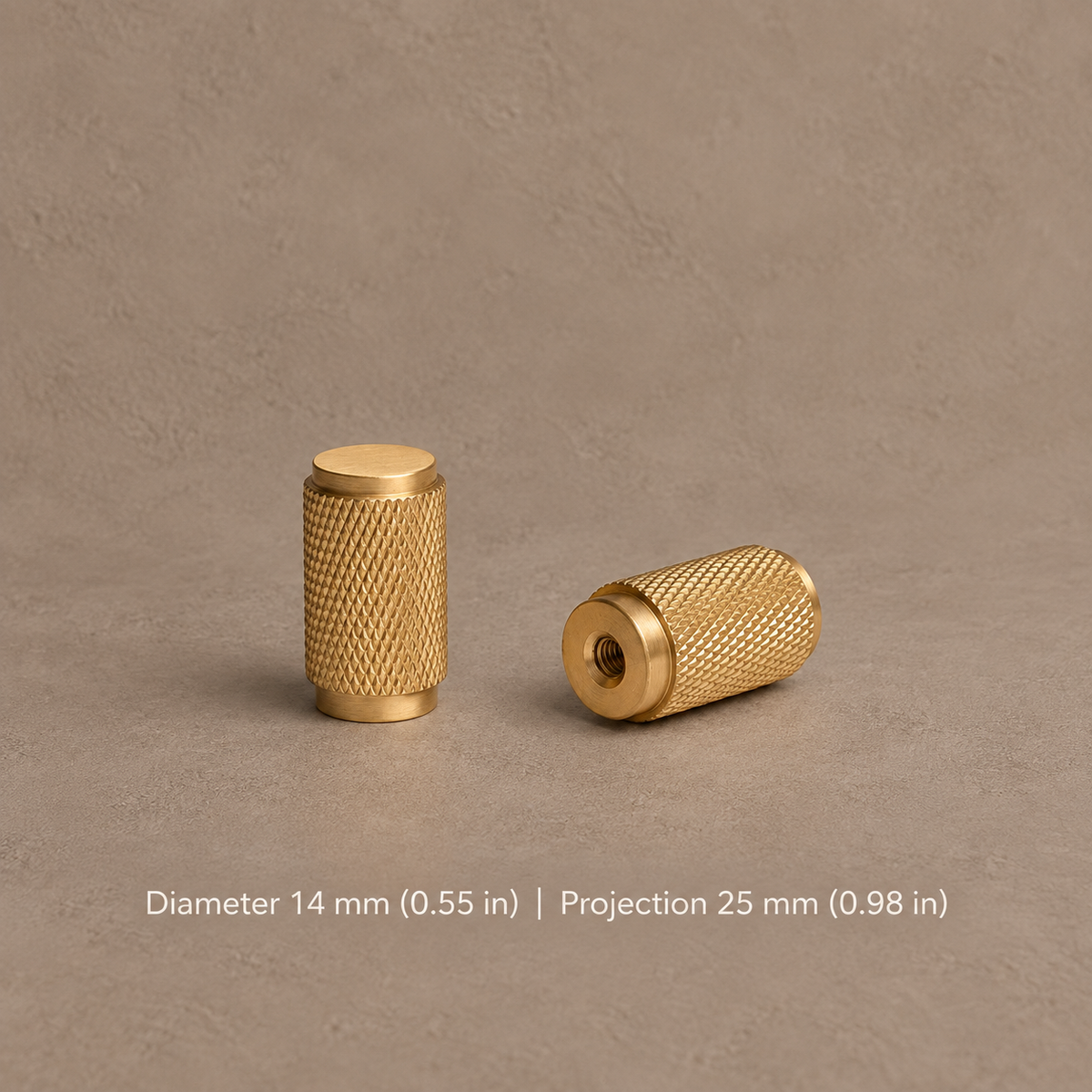 Solid Brushed Brass T Bar & Knob Cabinet Pull — Cross Knurled Design — cylinder-knob-14mm
