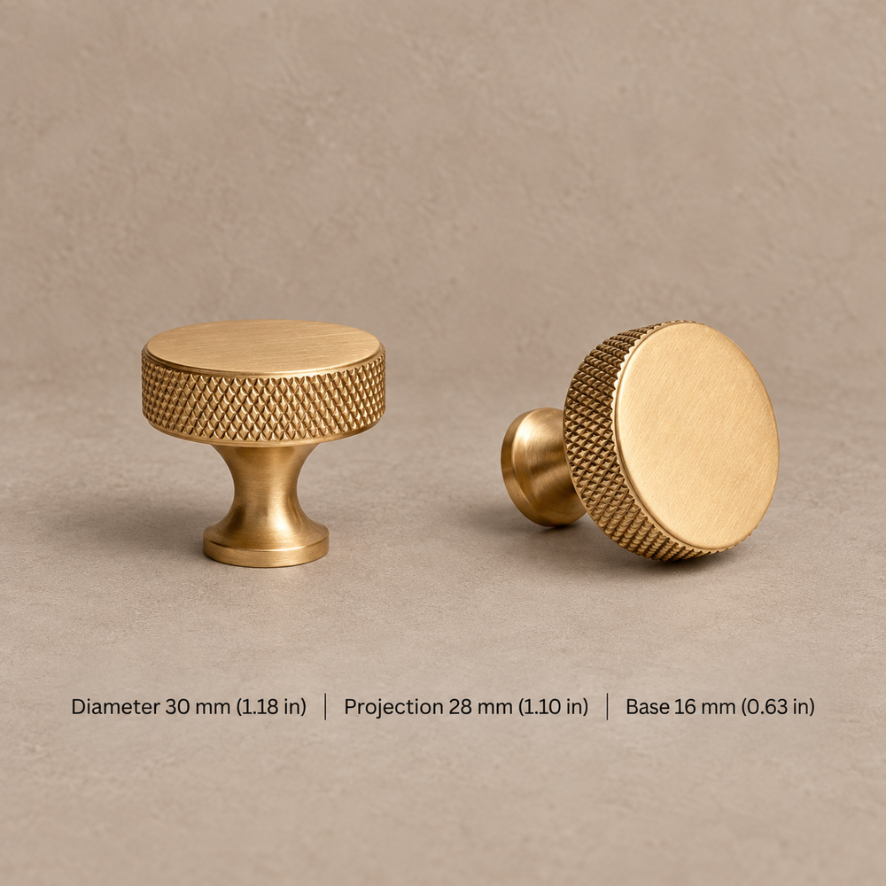 Solid Brushed Brass T Bar & Knob Cabinet Pull — Cross Knurled Design — disc-knob-30mm