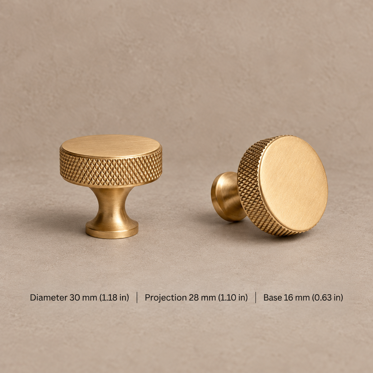 Solid Brushed Brass T Bar & Knob Cabinet Pull — Cross Knurled Design — disc-knob-30mm