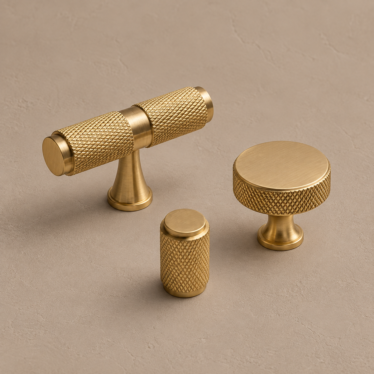 Solid Brushed Brass T Bar & Knob Cabinet Pull — Cross Knurled Design — knob-detail