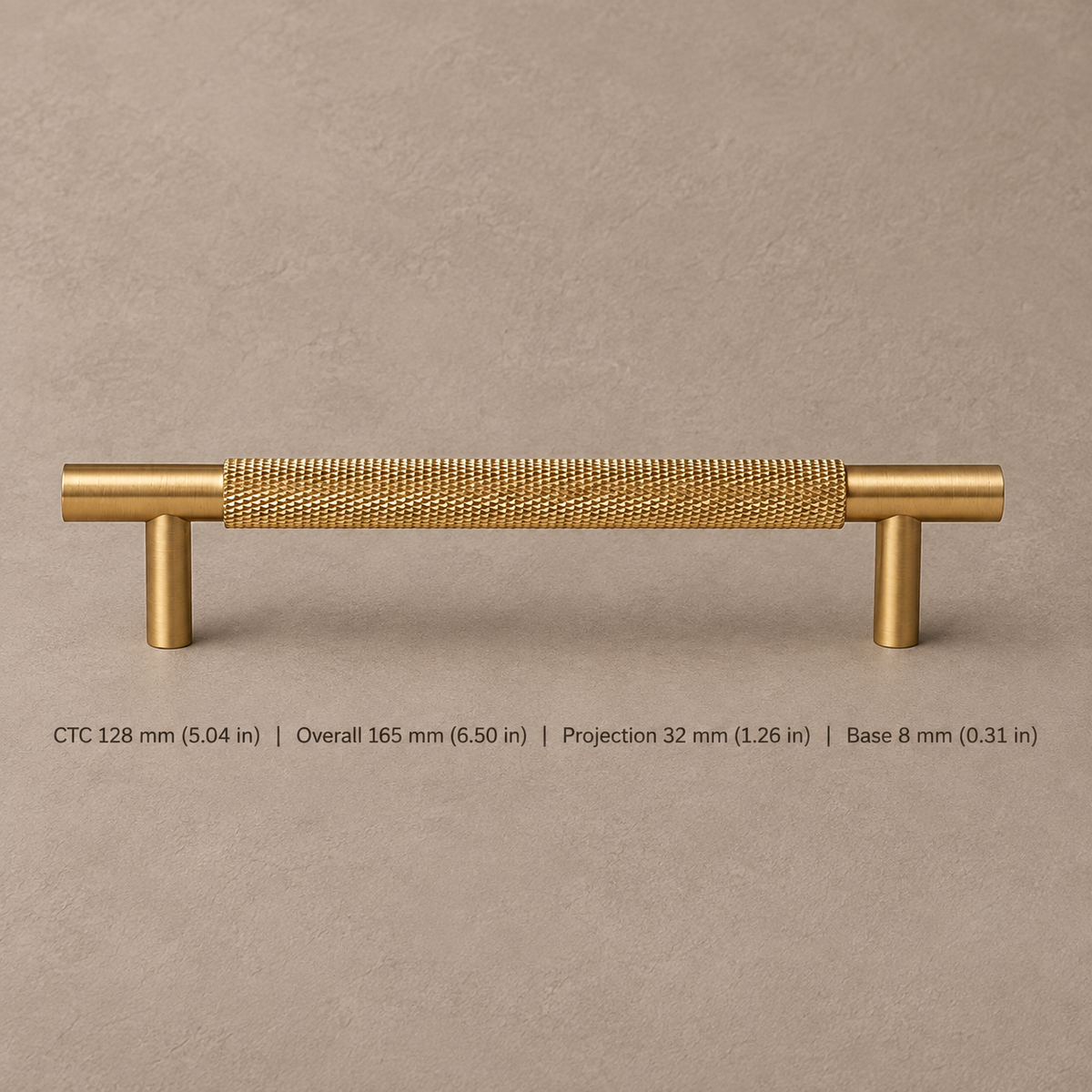 Solid Brushed Brass T Bar & Knob Cabinet Pull — Cross Knurled Design — pull-128mm