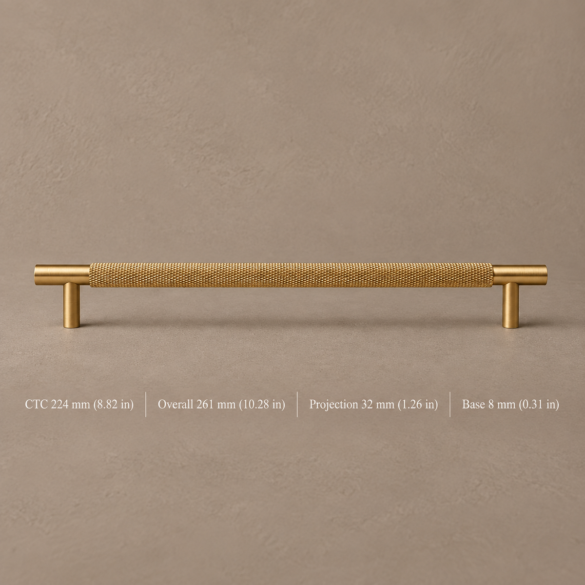 Solid Brushed Brass T Bar & Knob Cabinet Pull — Cross Knurled Design — pull-224mm