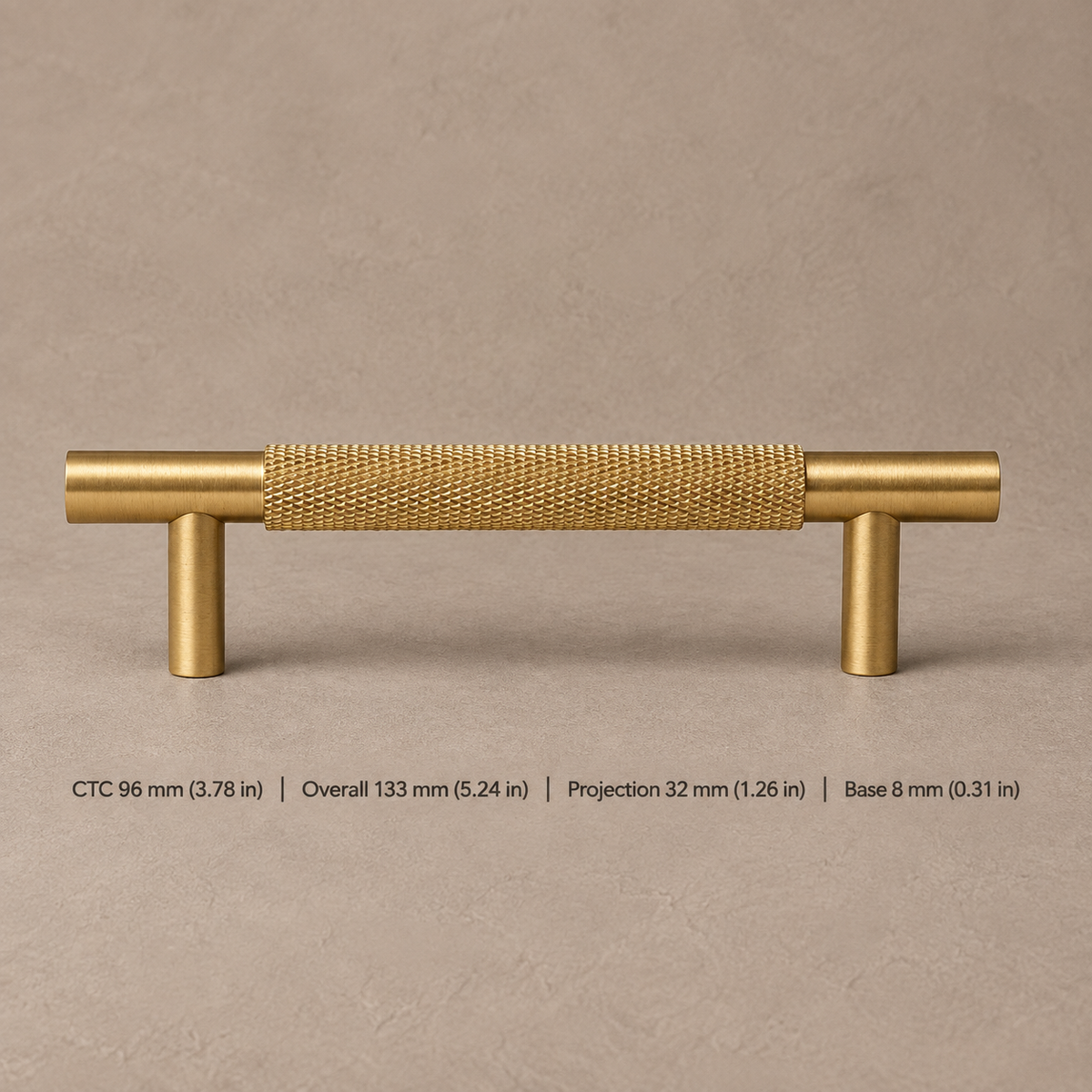 Solid Brushed Brass T Bar & Knob Cabinet Pull — Cross Knurled Design — pull-96mm