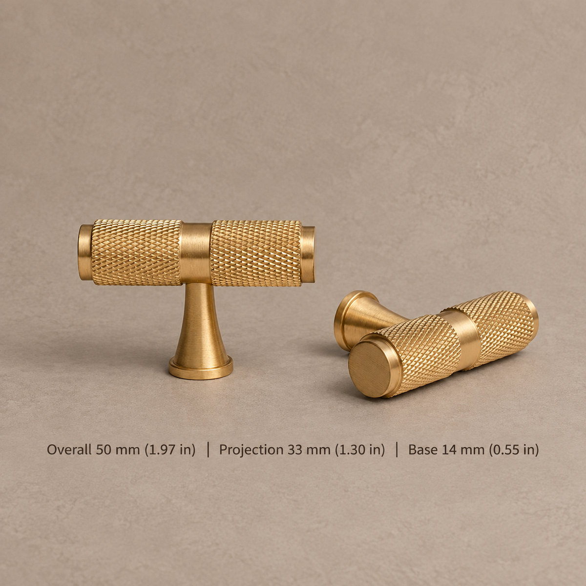 Solid Brushed Brass T Bar & Knob Cabinet Pull — Cross Knurled Design — t-knob-50mm
