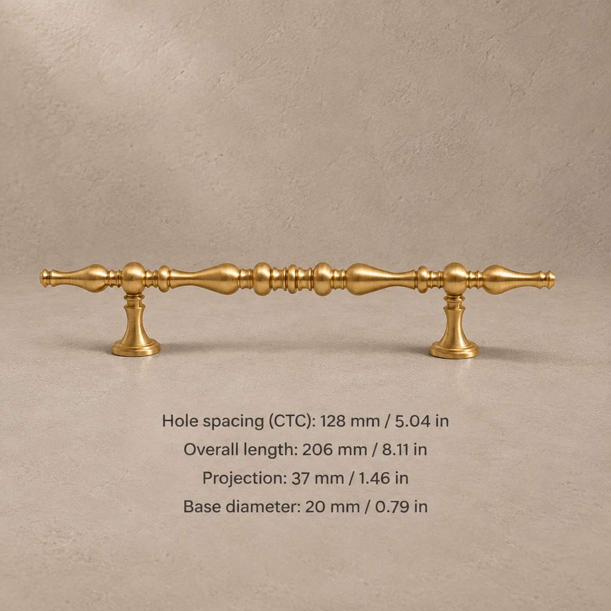 Brushed brass cabinet pull with 128 mm (5.04 in) CTC and dimensions