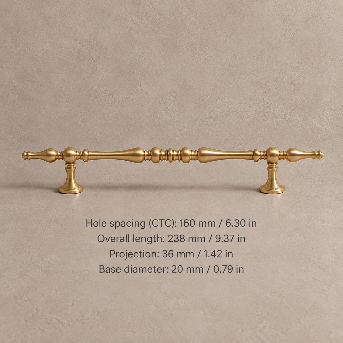 Brushed brass cabinet pull with 160 mm (6.30 in) CTC and dimensions