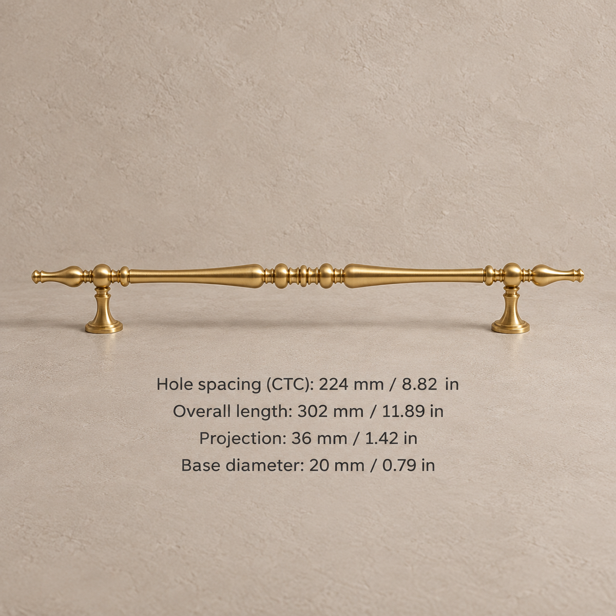 Brushed brass cabinet pull with 224 mm (8.82 in) CTC and dimensions